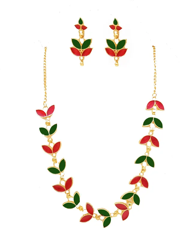 Assamese_Traditional_Gold_Plated_Red_Green_Golpata_Necklace_Set_For_Women_&_Girls